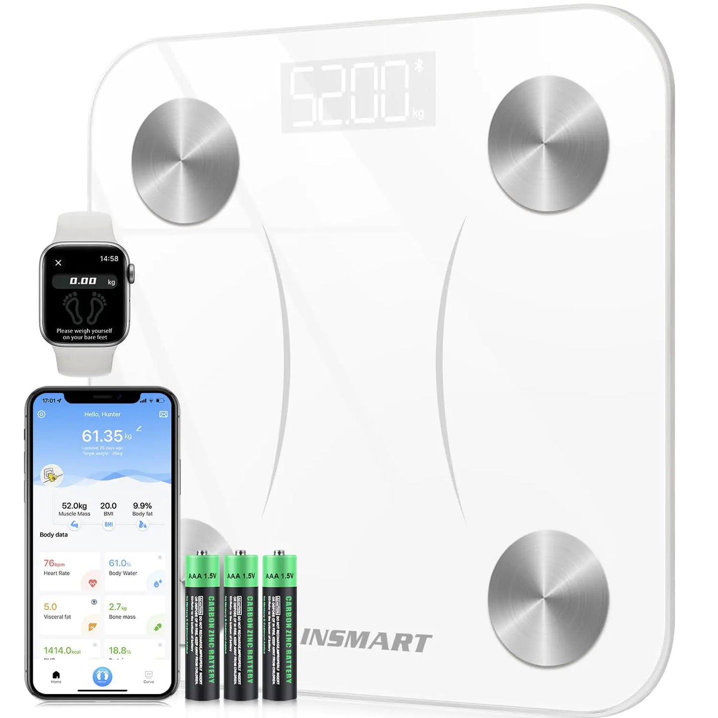 INSMART Smart Scale for Body Weight Digital Bathroom Scale Bluetooth Body Fat ScaleBody Composition Analyzer with Smart APP Sync Weight Scale - White